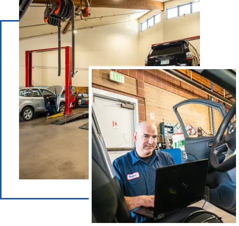 A collage image showing an auto repair shop. In one part, a garage with a car lifted on a hydraulic lift is visible. In another part, a mechanic in a blue uniform is sitting inside a car, working on a laptop connected to the vehicle.