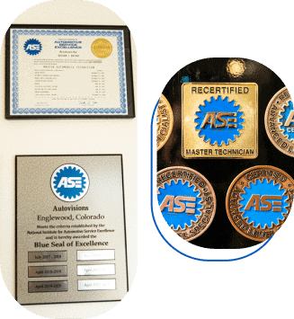 Various ASE certifications and awards from Autovisions are displayed, including framed certificates and badges for qualifications and excellence in automotive service. The plaques and badges proudly feature the blue ASE logo.