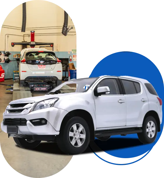 A silver SUV is prominently displayed on the right against a dark blue circular background. To the left, the interior of a car service center is visible, showing another white car being serviced with its hood open.