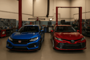 car mechanic, auto repair in Englewood, CO at Autovisions. Image of a blue Honda Civic and a red Toyota inside a well-equipped auto repair shop.