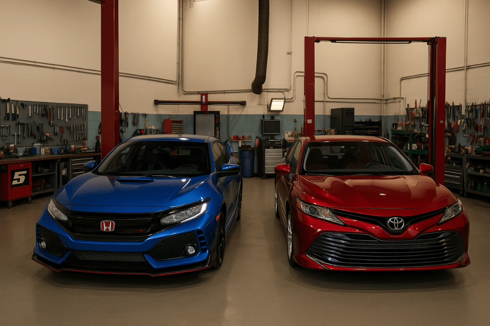 car mechanic, auto repair in Englewood, CO at Autovisions. Image of a blue Honda Civic and a red Toyota inside a well-equipped auto repair shop.