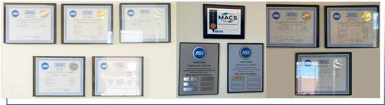 ASE Blue Seal of Excellence and MACS certifications displayed at Autovisions in Englewood, CO.