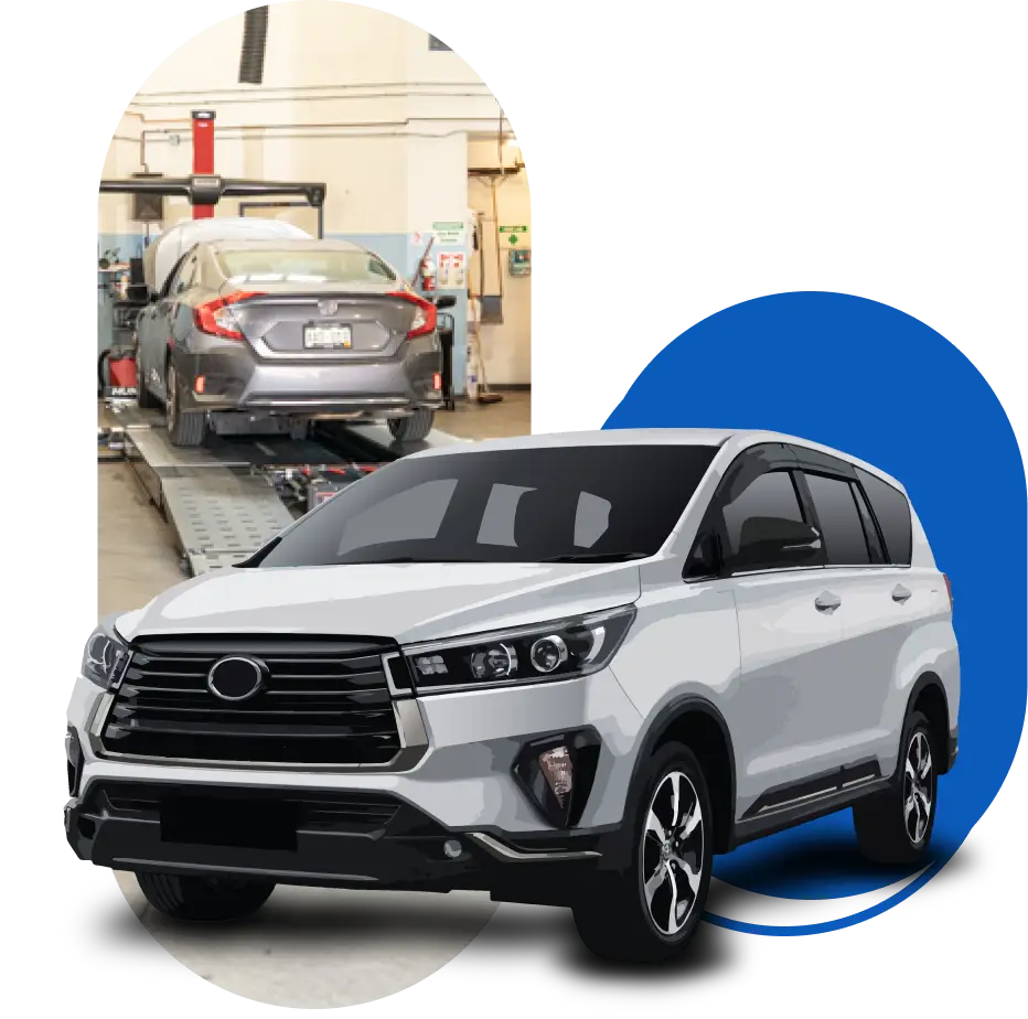 Image of a white SUV with a blue circled background and a sedan on lifts inside a repair shop